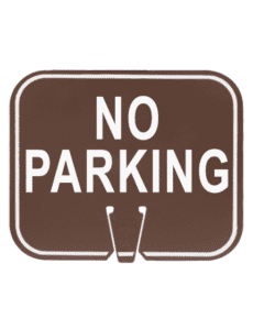 Picture with brown clip on signs with the legend "No Parking" in white ink.